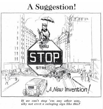 Humorous early stop sign proposal from 1927