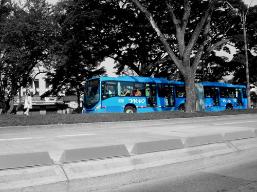 BRT bus driving through Cali, Colombia