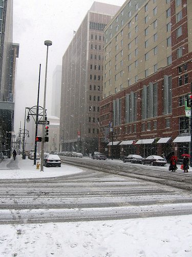 Snowy downtown Denver road