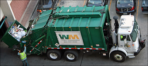 A garbage truck being loaded