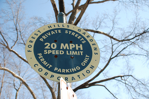 forest hills 20 mph speed limit sign