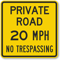 Private Road 20 MPH No Trespassing Sign