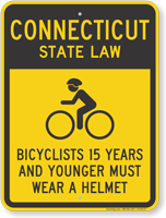 Bicyclists 15 Years Wear Helmet Connecticut Law Sign