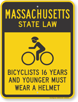 Bicyclists 16 Years Wear Helmet Massachusetts Law Sign